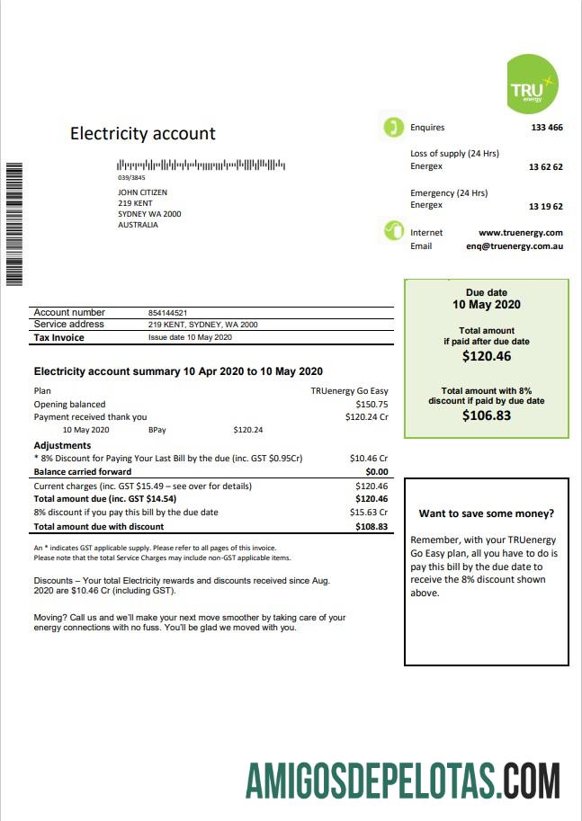 realista Modelo de conta de serviços públicos de eletricidade da Austrália Tru Energy em formato Word e PDF